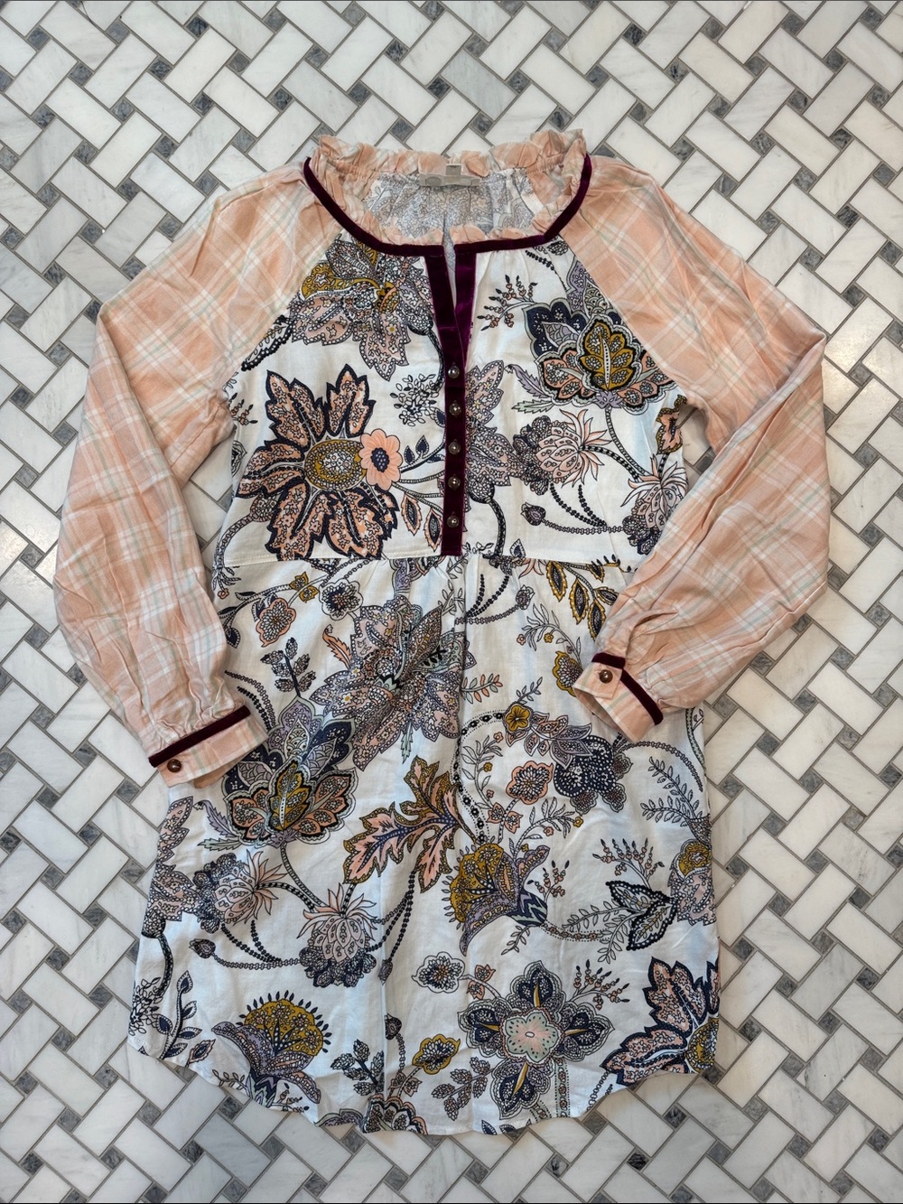 Anthropologie Peach Plaid & Floral Henley Nightdress